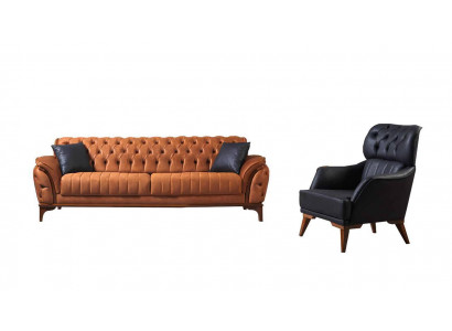 Orange-Black Chesterfield Set Luxurious Three-Seater Armchair 2-piece Set