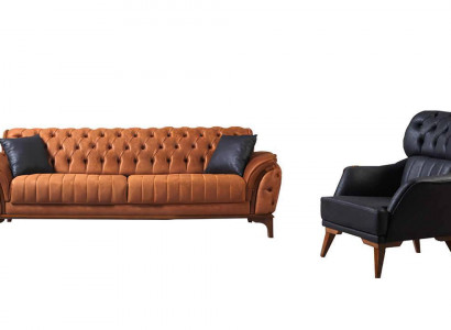 Orange-Black Chesterfield Set Luxurious Three-Seater Armchair 2-piece Set