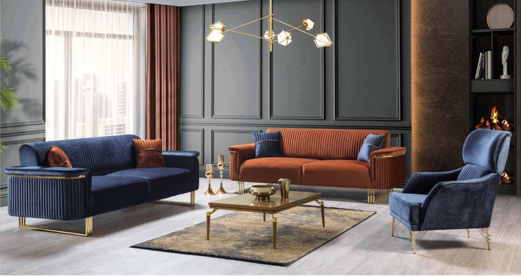 Blue living room 3-seater luxurious fabric sofa elegant upholstered furniture