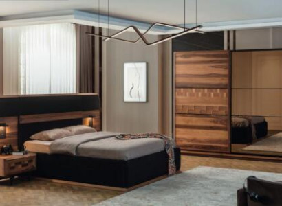 Exquisite bedroom set: Noble double bed, 2 wooden nightstands