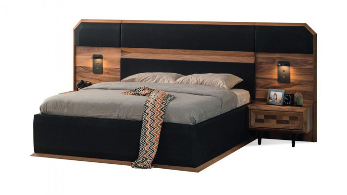 Exquisite bedroom set: Noble double bed, 2 wooden nightstands