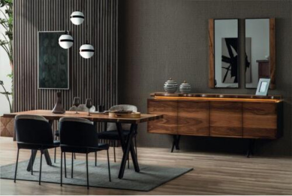 Complete Brown-Black Dining Set Designer Wooden Dining Table Upholstered Chairs