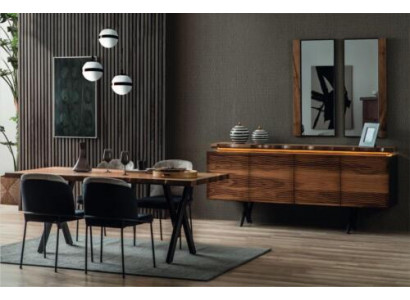 Complete Brown-Black Dining Set Designer Wooden Dining Table Upholstered Chairs