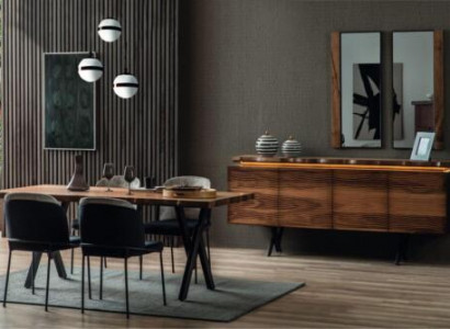 Complete Brown-Black Dining Set Designer Wooden Dining Table Upholstered Chairs