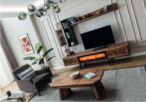 Brown living room wall unit designer TV stand RTV wood shelves LED