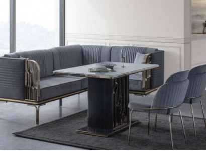 Exclusive Gray Dining Room Set Luxury Stainless Steel Table 2x Textile Chairs