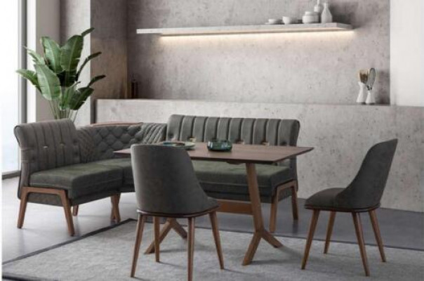 Gray dining room set: wooden dining table, 2 textile chairs, corner bench, 4-piece set
