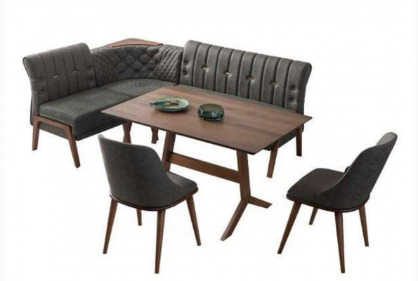Gray dining room set: wooden dining table, 2 textile chairs, corner bench, 4-piece set