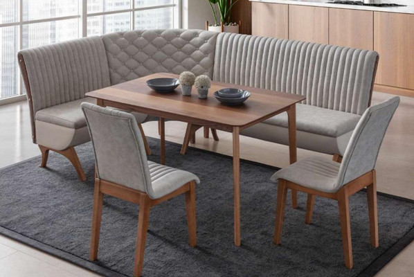Designer light gray dining set upholstered corner bench 2x chairs dining table