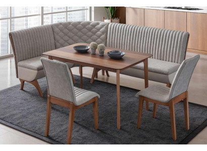 Designer light gray dining set upholstered corner bench 2x chairs dining table
