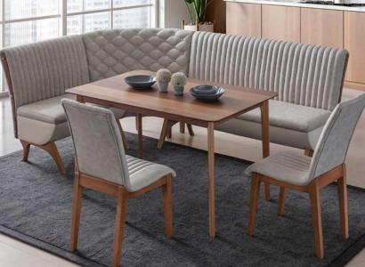 Designer light gray dining set upholstered corner bench 2x chairs dining table