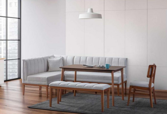 White-Brown Dining Room Set Stylish Wooden Table Upholstered Corner Bench New