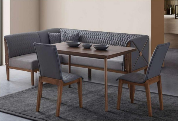 Stylish grey dining room set, brown dining table, 2 chairs, bench