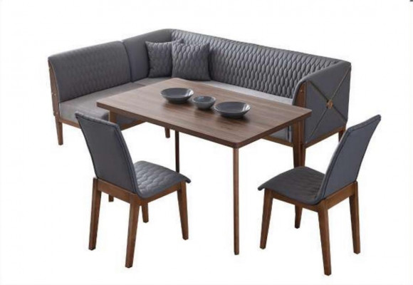 Stylish grey dining room set, brown dining table, 2 chairs, bench