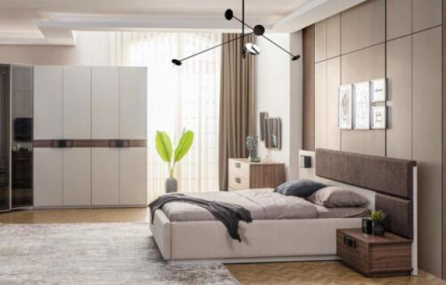 Luxurious bedroom set double bed 2x nightstands corner wardrobe