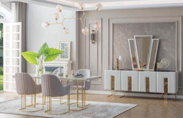 Stylish dining room set stainless steel dining table 6x chairs sideboard 8-piece set
