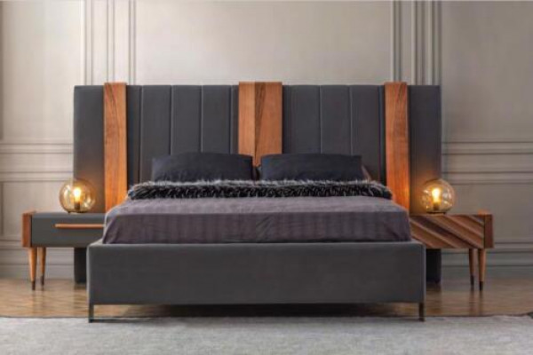 Gray Bedroom Set Modern Double Bed 2x Nightstands 3-piece Set