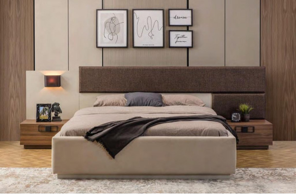 Exclusive Bedroom Set Designer Beige Bed Brown Nightstands