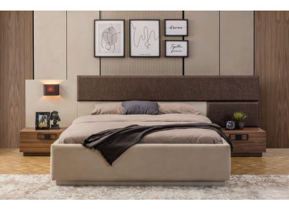 Exclusive Bedroom Set Designer Beige Bed Brown Nightstands