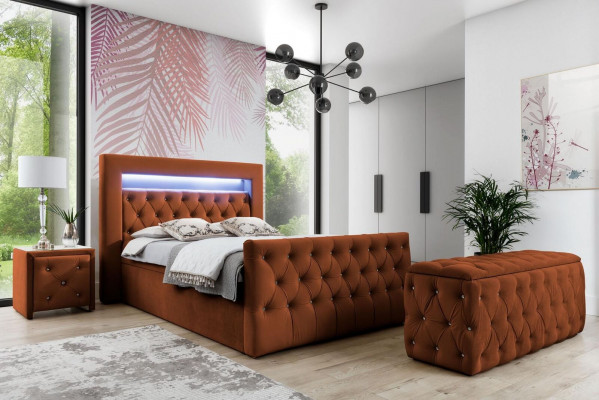 Chesterfield Bedroom Set Textile Bed 2x Wooden Nightstands Stool