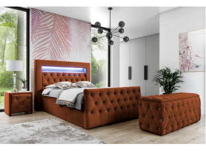 Chesterfield Bedroom Set Textile Bed 2x Wooden Nightstands Stool