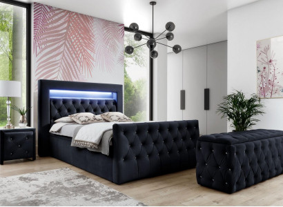 Black Chesterfield LED Fabric Bed 2x Wooden Nightstands Stool 4-piece Set