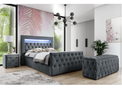 Chesterfield Gray Bedroom Set LED Upholstered Bed Wooden Nightstands