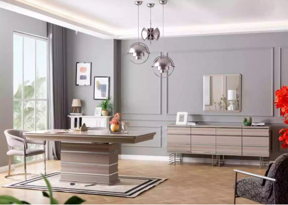 Table, 6x chairs, sideboard, mirror, 9-piece dining room set, group, ensemble