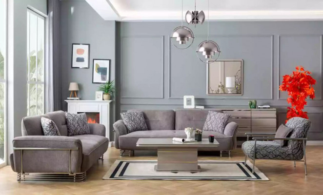 Sofa 3-seater fabric living room design modern new luxury white gray