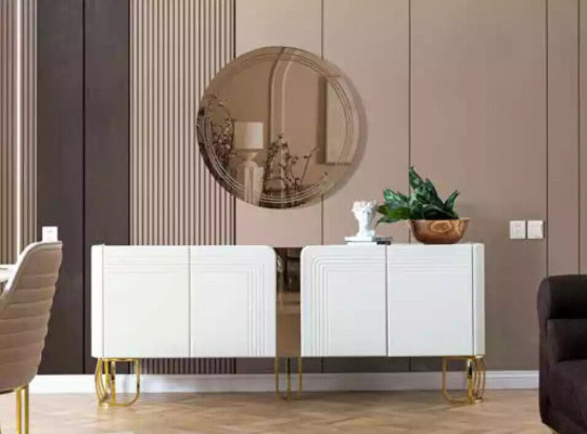 Living room sideboard mirror set luxury modern wood white 2-piece.