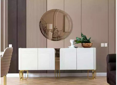 Living room sideboard mirror set luxury modern wood white 2-piece.