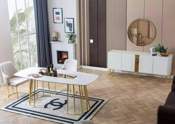 Living room sideboard mirror set luxury modern wood white 2-piece.