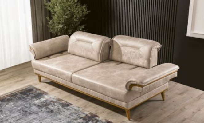 Designer beige 3-seater living room sofa luxurious textile seating furniture