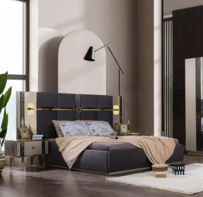 Double bed complete bedroom furniture set bed bedside tables gray 3-piece set