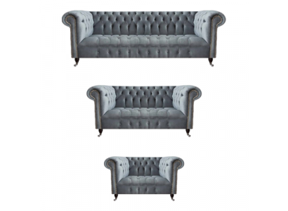Luxury 3-Piece Sofa Set Living Room Chesterfield Gray Furniture New