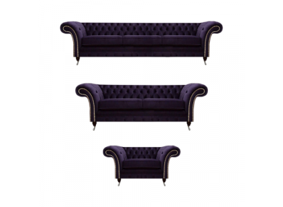 Upholstered Living Room Set 3-Piece Chesterfield Fabric Sofas Armchair Furniture