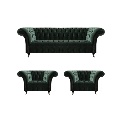 Living Room Luxury Complete Black Sofa Three-seater Textile 2x Chesterfield Armchair