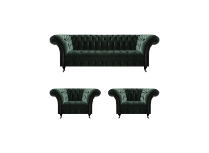 Living Room Luxury Complete Black Sofa Three-seater Textile 2x Chesterfield Armchair
