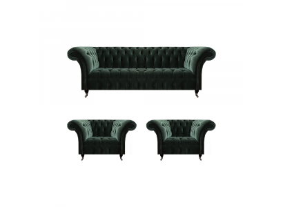 Living Room Luxury Complete Black Sofa Three-seater Textile 2x Chesterfield Armchair