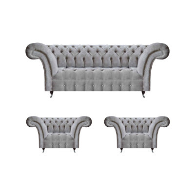 Gray sofa set 3-piece 2x armchair upholstered furniture three-seater Chesterfield sofa.