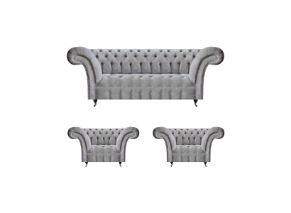 Gray sofa set 3-piece 2x armchair upholstered furniture three-seater Chesterfield sofa.