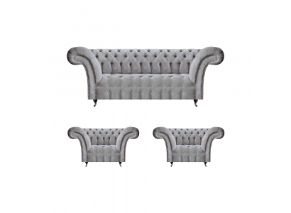 Gray sofa set 3-piece 2x armchair upholstered furniture three-seater Chesterfield sofa.