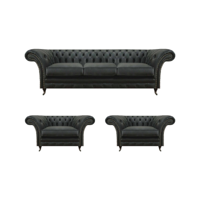 Luxury Black Living Room Set 3-Piece Chesterfield 2x Armchairs Three-Seater Sofa
