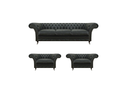Luxury Black Living Room Set 3-Piece Chesterfield 2x Armchairs Three-Seater Sofa