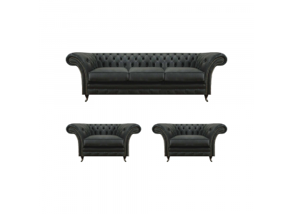 Luxury Black Living Room Set 3-Piece Chesterfield 2x Armchairs Three-Seater Sofa