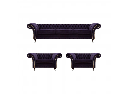 Living Room Luxury Set 3-piece Furniture Purple Complete Upholstered Furniture Chesterfield