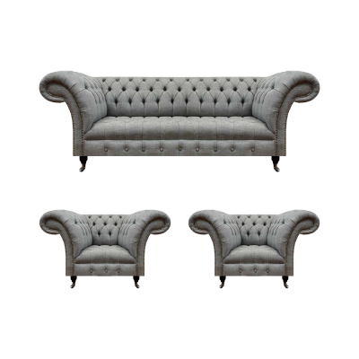 Living Room Set 3-piece Chesterfield Sofas Gray Textile Upholstered Furniture 2x Armchair