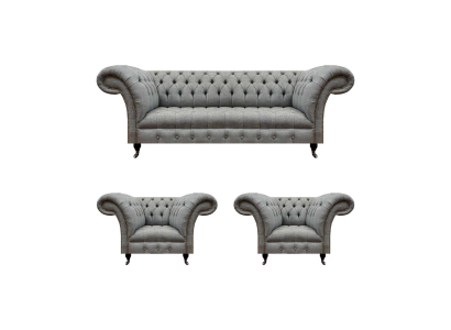 Living Room Set 3-piece Chesterfield Sofas Gray Textile Upholstered Furniture 2x Armchair
