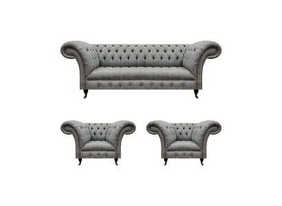 Living Room Set 3-piece Chesterfield Sofas Gray Textile Upholstered Furniture 2x Armchair