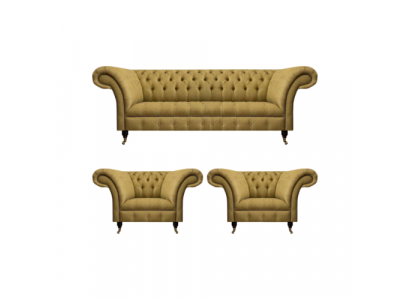 Yellow Living Room Set Complete 2x Chesterfield Armchairs Three-Seater Sofa Couch